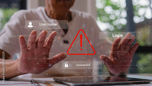 senior man using digital tablet with triangle warning sign and tech icon in notification error and maintenance concept. hacker attacks and hacking data, cyber crime, cyber security