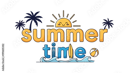A charming and vibrant illustration capturing summer, with playful typography, a smiling sun, tropical palm trees, ocean waves, a surfboard, and