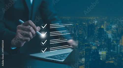 Tick the checkmark in the survey item, and tick mark evaluation in the options check form online. Concept of task audit in a list of documents, checklist, process order, detail business verify task