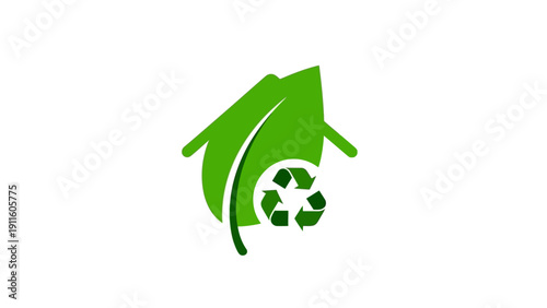 Green house with recycling symbol logo.