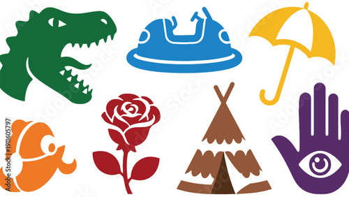 Dinosaur vector icons including umbrella and hand with eye