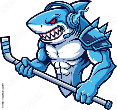 Mascot illustration of a muscular shark holding a hockey stick and wearing a headset
