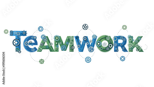 Mechanical gears creatively form 'Teamwork', illustrating a robust system of interconnected components symbolizing synergy, collective effort, and