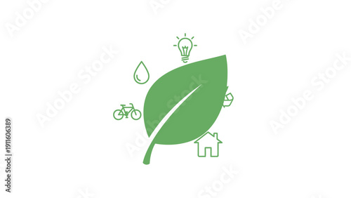 Green Leaf Icon with Eco Symbols.