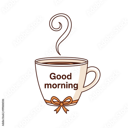 Steaming Coffee Cup with "Good Morning" Text and Bow, Morning Beverage, Fresh Start