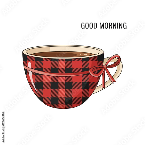 Cozy Buffalo Plaid Coffee Cup with Ribbon Bow, Good Morning Text