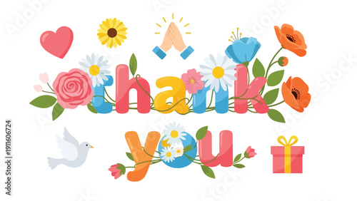 A delightful and heartfelt thank you illustration showcasing a vibrant floral arrangement a peaceful dove clasped hands a sweet heart and thoughtful