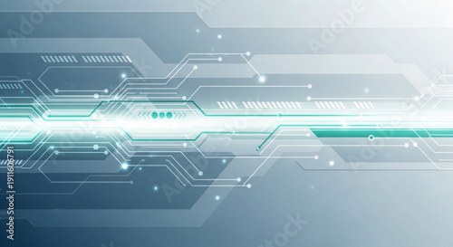 A futuristic circuit board design with glowing green lines and white dots on a blue gradient background