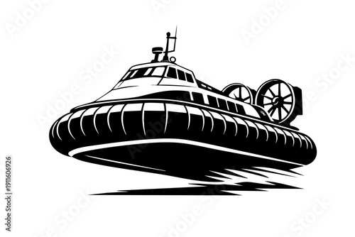 Low-angle perspective of a hovercraft emphasizing lifted hull and air cushion skirt
