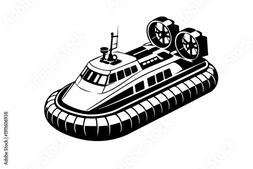 Isometric view of a hovercraft showing cabin, fan housing, and skirt perimeter