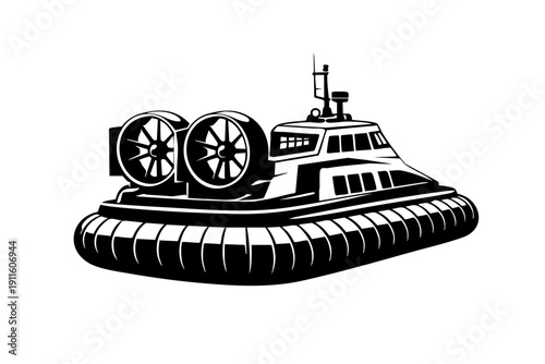 Rear three-quarter view of a hovercraft showing rear fan assembly