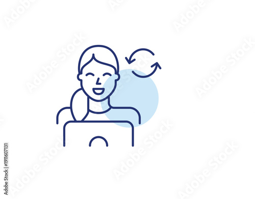 Woman working at laptop and renew arrows. Digital workflow renewal, business cycle, productivity rotation. Pixel perfect, editable stroke vector icon
