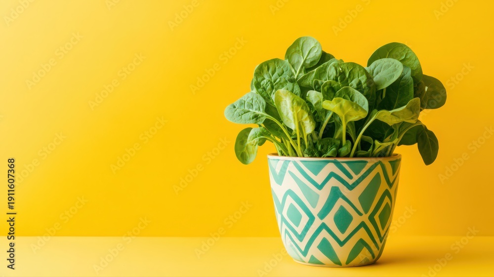 Fototapeta premium Vibrant Spinach Plant in Geometric Ceramic Pot Against a Bright Yellow Background