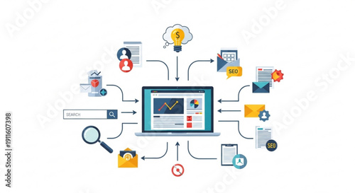 Wallpaper Mural A vector graphic illustrating various digital marketing concepts around a central laptop Torontodigital.ca