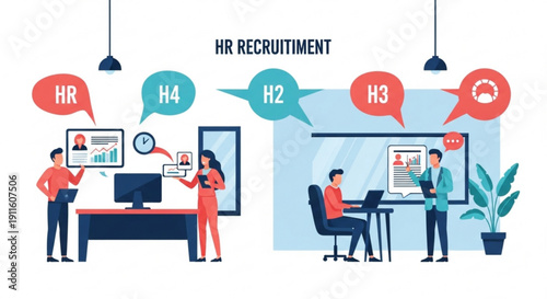 A vector graphic illustration of HR recruitment process in a modern office setting with people working together