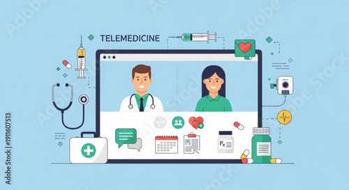 A vector graphic illustration of a telemedicine consultation on a laptop screen with a doctor and patient