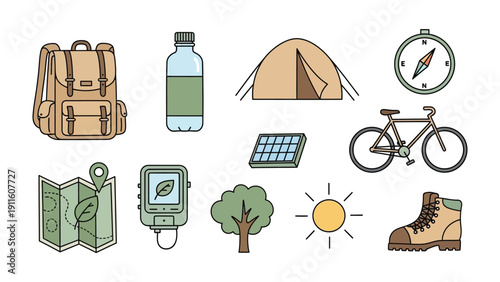 Outdoor adventure set: An illustration featuring a collection of essential items for an outdoor adventure, including a backpack, water bottle, tent, compass, bicycle, map, smartwatch, tree, sun.