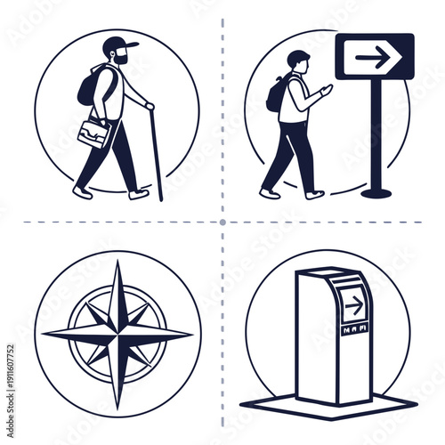 Symbols indicating a person with a walking stick, a person with a cane, a compass, and a rest area Vector
