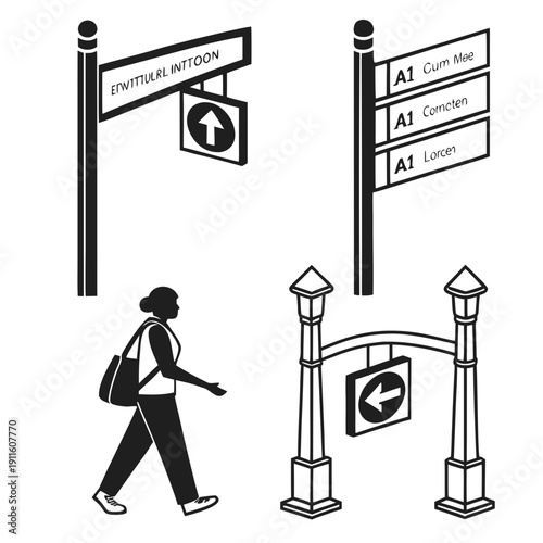 A woman walking past a street sign and a no entry sign Vector