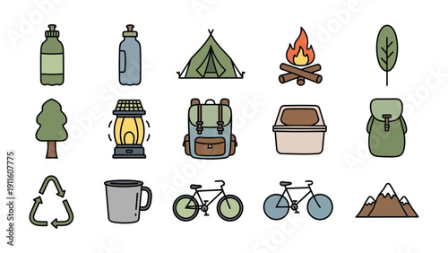 Camping Icons Set: An assortment of camping icons arranged meticulously, providing a visual guide to the essentials, inviting the viewer to envision a journey into the wild.