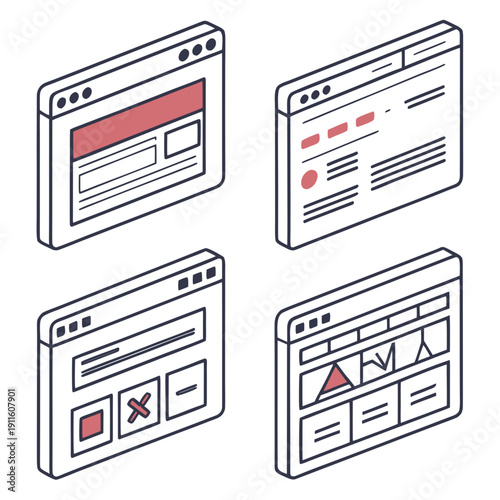 Four different types of computer hardware and software components. Vector