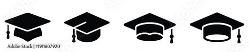 Collection of graduation caps icons, academic achievement symbols, university and college graduation symbols.