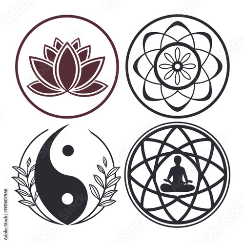Four distinct symbols representing different cultural and spiritual beliefs. Vector