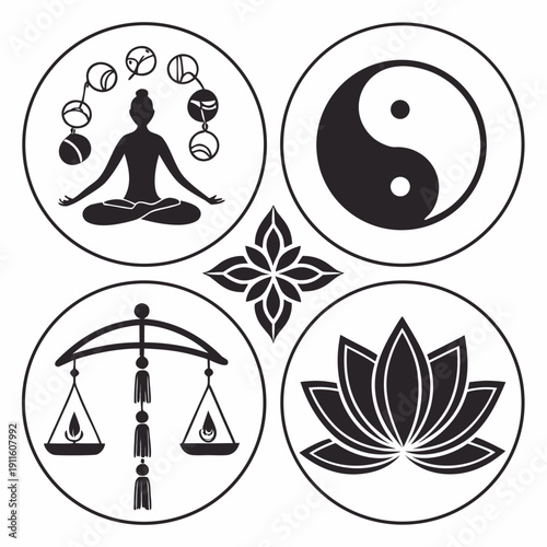 Symbols of balance, harmony, and spiritual growth in a circular arrangement. Vector