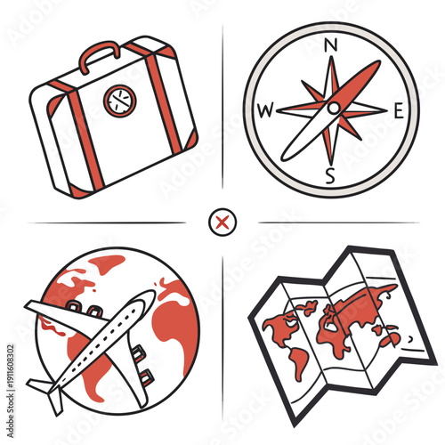 Travel icons with a compass and a map indicating forbidden and allowed paths Vector