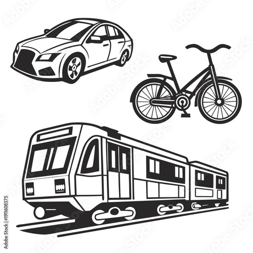 A collection of various modes of transportation including a car, bicycle, and train. Vector