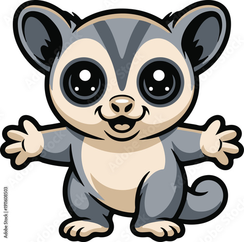 Cute cartoon sugar glider waving its paws, adorable kawaii animal illustration for children's designs
