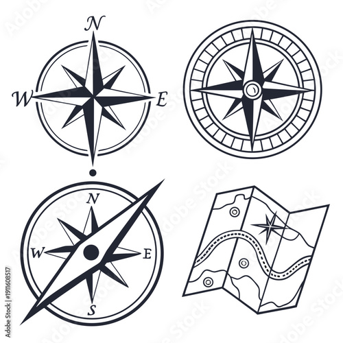Four different compasses with varying designs and orientations on a white background Vector