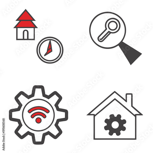 A collection of icons representing home, search, settings, and security features. Vector