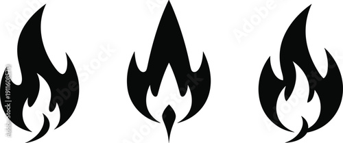 Black Fire Flame Silhouette Set for Burning Hot Gas Industrial Heating Power Energy and Danger Warning Signs Design Elements, cad drawing flat vector illustration