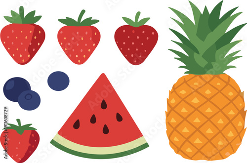 Colorful tropical fruit vector set with strawberries pineapple watermelon and blueberries in flat cartoon illustration style