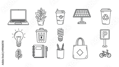 Eco-Friendly Lifestyle Elements: A collection of line art icons representing a sustainable and eco-conscious lifestyle, perfect for promoting environmental responsibility.