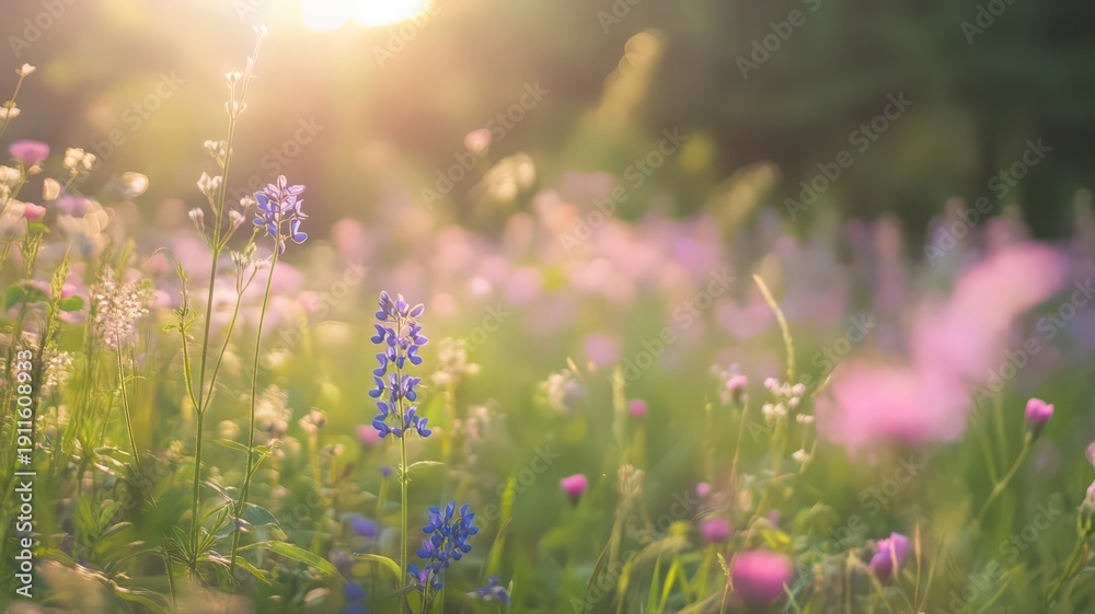 Naklejka premium Vibrant Wildflower Meadow Filled with a Mix of Pinks and Blues at Golden Hour Light