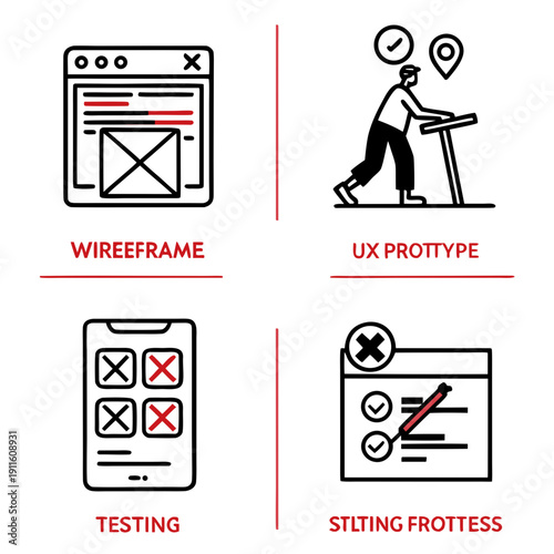 Four stages of web design process including wireframe, prototype, testing, and using prototypes Vector