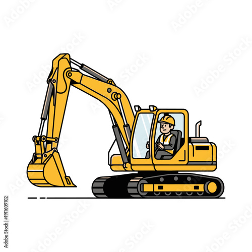 Yellow excavator with driver in cabin, construction machinery, heavy equipment, outdoor