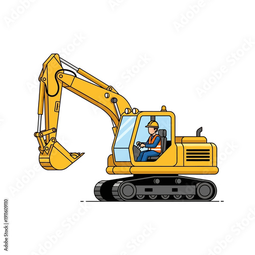 Yellow excavator with driver in construction site, heavy machinery, digging, industrial equipment