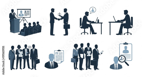 Business meeting and professional work icons set.