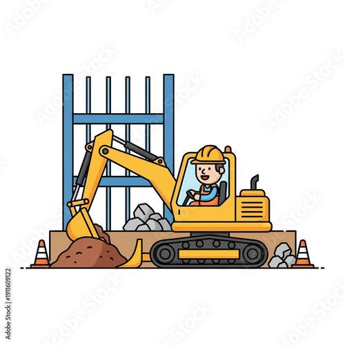 Construction worker operating excavator digging soil at building site with safety barriers