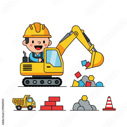Cute construction worker driving excavator, dump truck, bricks, rocks, and traffic cone