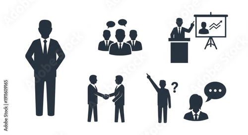 Business meeting and presentation icons set.