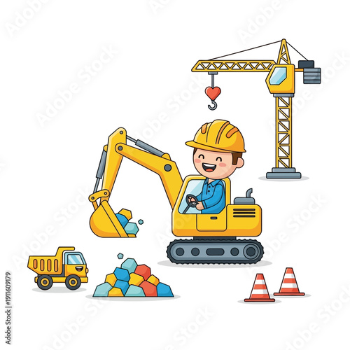 Happy construction worker operating excavator with crane and dump truck on white background