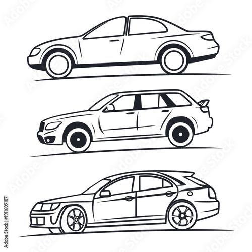 Three generations of a popular sedan model showcasing design evolution over time Vector