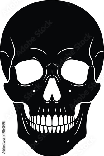Black silhouette of a human skull with detailed teeth and jawbone isolated on white background for medical anatomy or gothic horror Halloween vector design