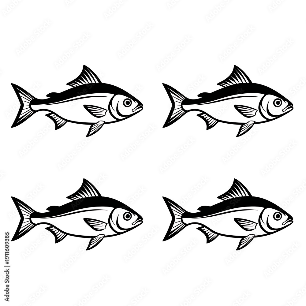 Fototapeta premium Four black and white fish illustrations swimming right side up