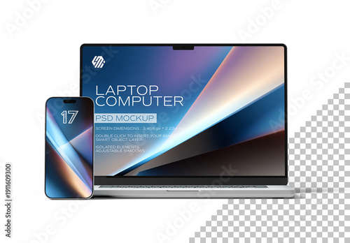 Smartphone and Laptop Mockup Isolated on Transparent Background – Clean Digital Device Presentation