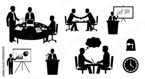 Business meeting and presentation silhouettes for corporate success.